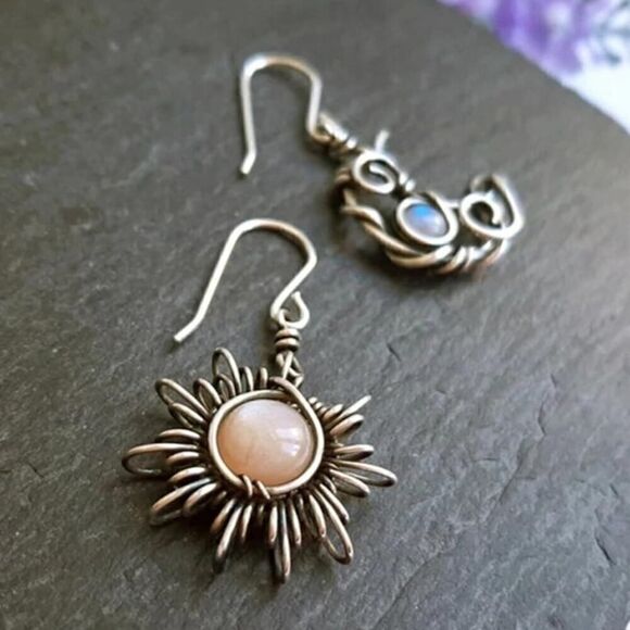 Elegant Vintage Style Sun and Moon Earrings Symbolic Harmony Boho Chic Handmade - Picture 7 of 9